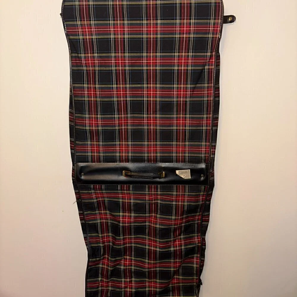 Vintage Tartan Plaid Hanging Suit Garment Bag - Leather Handle Original Hardware